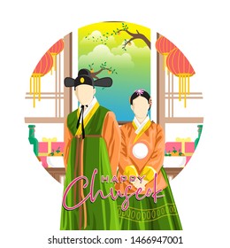 Happy Korean Chuseok Vector with Man and Woman wear Traditional Korean Cloth or Hanbook. Chuseok or Hangawi is  mean a traditional Full Moon Harvest Celebration Holiday.