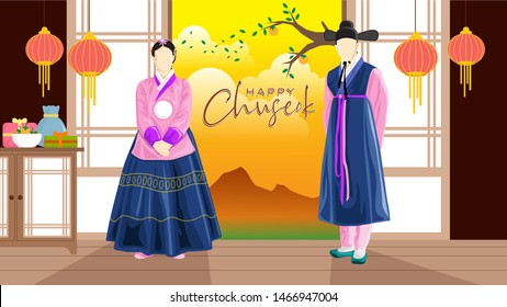 Happy Korean Chuseok Vector with Man and Woman wear Traditional Korean Cloth or Hanbook. Chuseok or Hangawi is  mean a traditional Full Moon Harvest Celebration Holiday.