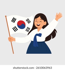 Happy Korean girl in traditional hanbok holding South Korean flag. Illustration for South Korea Liberation Day . Flat cute style with joyful mood.