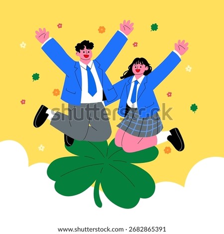 Happy Korean High School Students Jumping on Four-Leaf Clover Cartoon Illustration