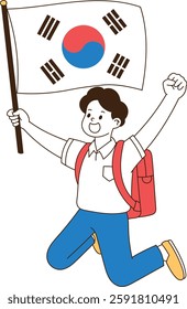Happy Korean man waving the national flag Taegeukgi, Patriotic celebration with South Korean flag illustration, Energetic character running with the Taegeukgi flag.