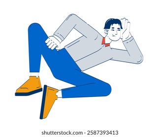 Happy korean office employee resting at work 2D doodle character. Positive relaxed asian male lying while having break cartoon person vector drawing isolated on white. Hand drawn illustration colorful