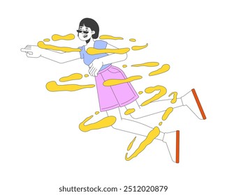 Happy korean woman flying in dreams 2D cartoon character. Inspired young female pointing forward win steam rings isolated person flat vector on white background. Spot illustration colorful