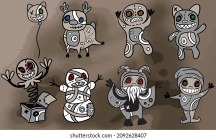 Happy  Krampus with Deer, Elf, Snowman, Jack In The Box, Cat, Gingerbread Man. Winter Gothic clip art