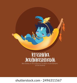 Feliz Krishna Janmashtami, bebé Krishna con el Señor Krishna tocando la Ilustración vectorial de flauta