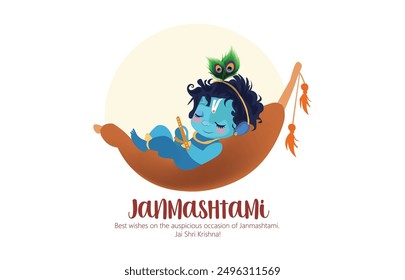 Feliz Krishna Janmashtami, bebé Krishna con el Señor Krishna tocando la Ilustración vectorial de flauta