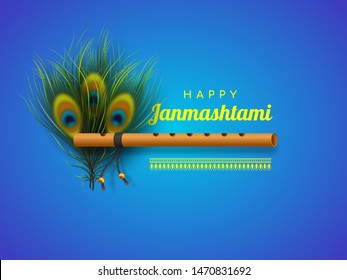 Happy Krishna Janmashtami background with bansuri and peacock feathers. Religious Hindu festival vector illustration of Lord Krishna.