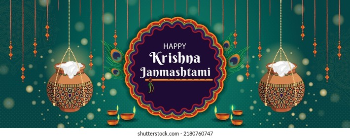 Happy Krishna Janmashtami background with matki, makhan, flute, peacock feathers. Dahi Handi Mandala Festival Poster. Greeting card, banner, social media post flat vector illustration for promotion