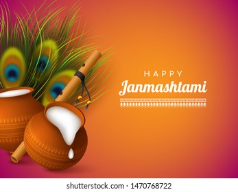 Happy Krishna Janmashtami background with pots, bansuri and peacock feathers. Religious Hindu festival vector illustration of Lord Krishna.
