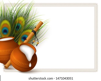 Happy Krishna Janmashtami background with pots, bansuri and peacock feathers. Copy space. Religious Hindu festival vector illustration of Lord Krishna.