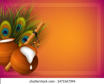 Happy Krishna Janmashtami background with pots, bansuri and peacock feathers. Copy space. Religious Hindu festival vector illustration of Lord Krishna.