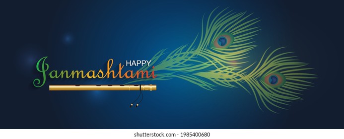 Happy Krishna Janmashtami background with pots, bansuri and peacock feathers. Religious Hindu Festival Vector Illustration