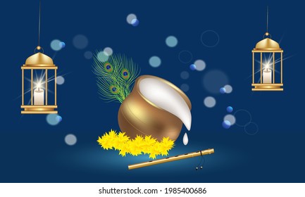 Feliz Krishna Janmashtami con ollas, plumas de bansuri y pavo real. Ilustración vectorial del Festival Hindú Religioso