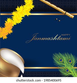 Happy Krishna Janmashtami background with pots, bansuri and peacock feathers. Religious Hindu Festival Vector Illustration