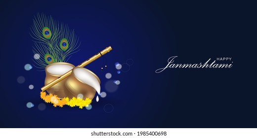 Feliz Krishna Janmashtami con ollas, plumas de bansuri y pavo real. Ilustración vectorial del Festival Hindú Religioso