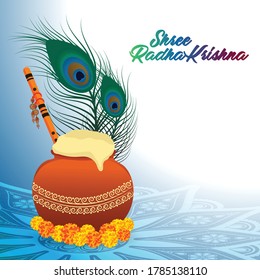Happy Krishna Janmashtami (birth of Lord Krishna) celebration illustration with pot full of curd and also flute, feather and flowers symbol of  shree Radhakrishna .