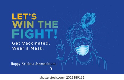 Happy Krishna Janmashtami birthday celebration with corona covid 19 safety mask and vaccine concept
