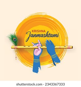 happy krishna janmashtami creative banner design with krishna hand and bansuri