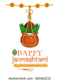 Happy Krishna Janmashtami design. Dahi Handi. Hanging earthen pot with Makhan and coconut. Hindu festival Gokulashtami. Vector illustration