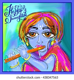happy krishna janmashtami digital painting poster for indian traditional festival, vector illustration