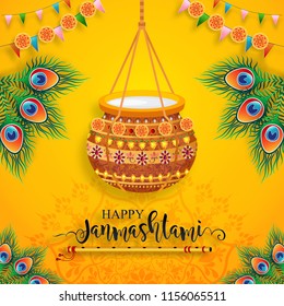 Happy Krishna Janmashtami festival card with gold patterned and crystals on paper color Background. 