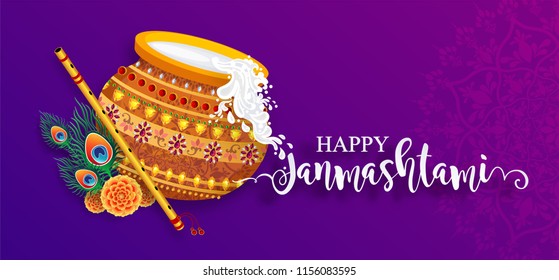 Happy Krishna Janmashtami festival card with gold patterned and crystals on paper color Background. Happy Krishna Janmashtami festival card with gold patterned and crystals on paper color Background.