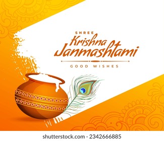 happy krishna janmashtami festival card design with matki and peacock feather vector