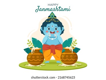 Happy Krishna Janmashtami festival of India with Bansuri and Flute, Dahi Handi and Peacock Feather in Flat Cute Cartoon Background Illustration