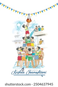 Happy Krishna Janmashtami festival. Lord Krishna dahi handi human pyramid theme.