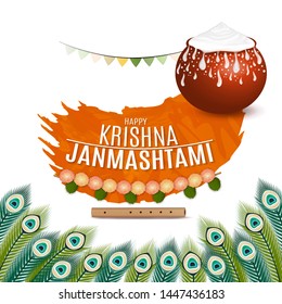 Happy Krishna Janmashtami. Janmashtami, Gokulashtami hindu festival template for greeting card, flyer, poster, banner. Pot, cream, garland of flowers, flute, peacock feathers. Vector illustration.