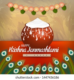 Happy Krishna Janmashtami. Janmashtami, Gokulashtami hindu festival template for greeting card, flyer, poster, banner. Pot, cream, flowers, flute, peacock feathers, colorful background, light effects.