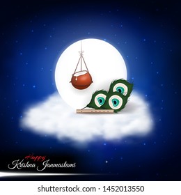 Happy Krishna Janmashtami. Janmashtami, Gokulashtami hindu festival template for greeting card, flyer, poster, banner. Pot, cream, flute, peacock feathers, light effects, cloud. Vector illustration.