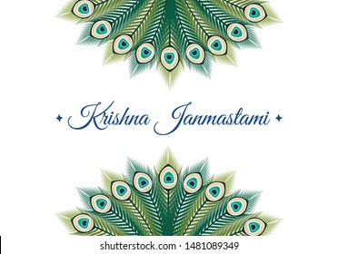 Happy Krishna Janmashtami. Janmashtami, Gokulashtami hindu festival template for greeting card, poster, banner. Decorated holiday greeting and peacock feathers. Vector illustration.