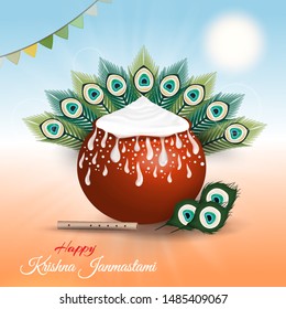 Happy Krishna Janmashtami. Janmashtami, Gokulashtami hindu festival template for greeting card, flyer, poster, banner. Pot, cream, flute, peacock feathers, sun, flags. Vector illustration.