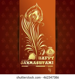 Happy Krishna Janmashtami gold logo icon. Greeting card for annual celebration of the birth of the Hindu deity Krishna, the eighth avatar of Vishnu. Vector illustration