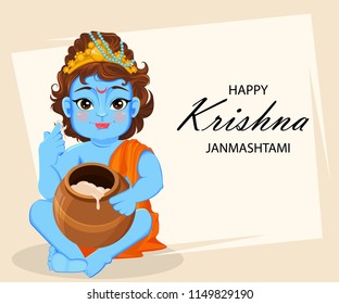 Happy Krishna Janmashtami greeting card. Lord Krishna Indian God kid sits with pot. Vector illustration for sale