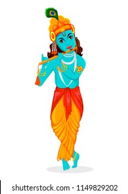 Happy Krishna Janmashtami greeting card. Lord Krishna Indian God plays the flute. Vector illustration on white background.