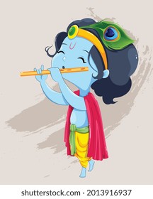 Happy Krishna Janmashtami greeting card. Lord Krishna kid paying flute