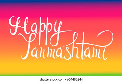 happy krishna janmashtami hand lettering inscription typography poster over blur background for indian traditional festiva