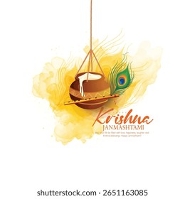 Happy Krishna Janmashtami illustration depicting butter pots and a flute with a peacock feather background, and celebration of Lord Krishna's birth.