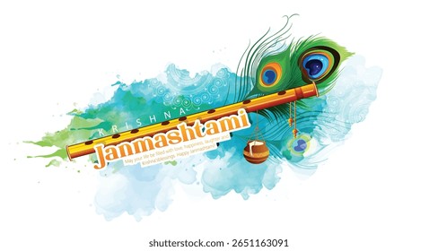 Ilustração feliz Krishna Janmashtami retratando panelas de manteiga e uma flauta com um fundo de pena de pavão, e celebração do nascimento de Lord Krishna.