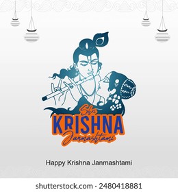 Happy Krishna Janmashtami Indian festival with Bansuri and Flute, Dahi Handi and Peacock Feather in Flat Cute Cartoon Background Illustration