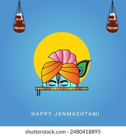 Happy Krishna Janmashtami Indian festival with Bansuri and Flute, Dahi Handi and Peacock Feather in Flat Cute Cartoon Background Illustration