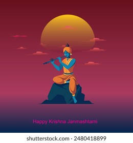 Happy Krishna Janmashtami Indian festival with Bansuri and Flute, Dahi Handi and Peacock Feather in Flat Cute Cartoon Background Illustration