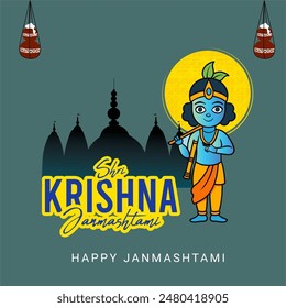 Happy Krishna Janmashtami Indian festival with Bansuri and Flute, Dahi Handi and Peacock Feather in Flat Cute Cartoon Background Illustration