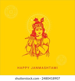 Happy Krishna Janmashtami Indian festival with Bansuri and Flute, Dahi Handi and Peacock Feather in Flat Cute Cartoon Background Illustration
