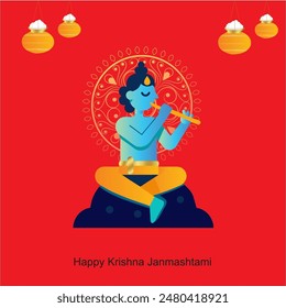Happy Krishna Janmashtami Indian festival with Bansuri and Flute, Dahi Handi and Peacock Feather in Flat Cute Cartoon Background Illustration