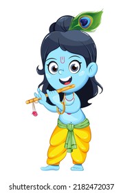 Happy Krishna Janmashtami. Lord Krishna cartoon character playing flute. Happy Janmashtami festival of India.