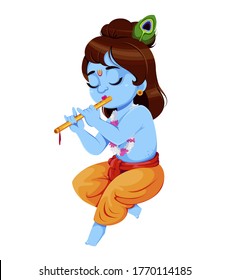 Happy Krishna Janmashtami. Lord Krishna playing flute. Happy Janmashtami festival of India. Vector illustration on white background