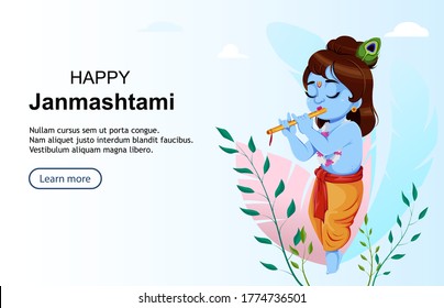 Happy Krishna Janmashtami. Lord Krishna playing flute. Happy Janmashtami festival of India. Usable for website, landing page etc. Vector illustration 
